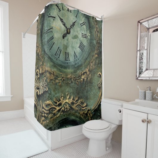 Rideaux De Douche Émeraude Green Rustic Steampunk Horloge (1) (En situation)