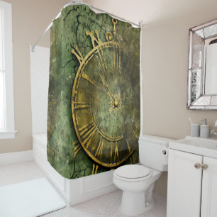 Rideaux De Douche Émeraude Green Rustic Steampunk Horloge (12)