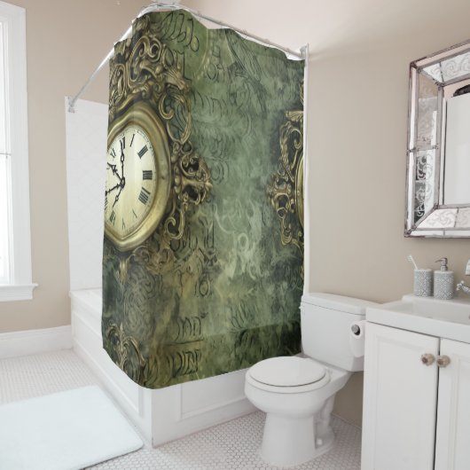 Rideaux De Douche Émeraude Green Rustic Steampunk Horloge (4) (En situation)