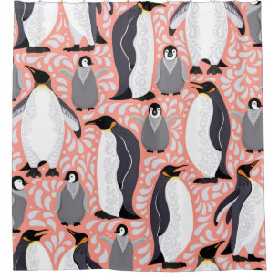 Rideaux De Douche Emperor penguins and their cubs on a pink patterne