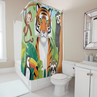 Rideaux De Douche Enfants Animaux Mignons Jungle Tigre Singe Oiseau