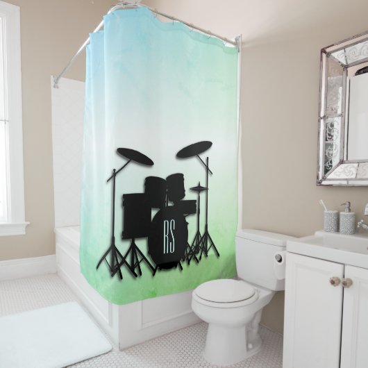 Rideaux De Douche Ensemble de tambour monogramme vert (En situation)