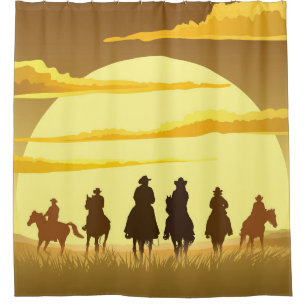Rideaux De Douche Équipe de cow-boys silhouette galopant contre un