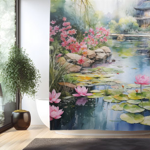 Rideaux De Douche Étang de jardin secret aquarelle