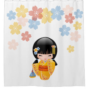 Rideaux De Douche Été Kokeshi Poupée Jaune Kimono Geisha Girl