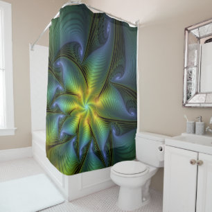 Rideaux De Douche Etoile Abstraite, Bleu brillant Vert Or Fractal Ar