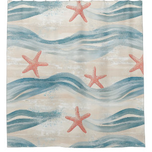 Rideaux De Douche Étoile de mer côtière sur motif de vagues de sable