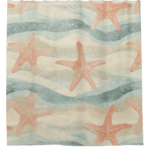 Rideaux De Douche Étoile de mer côtière sur motif de vagues de sable