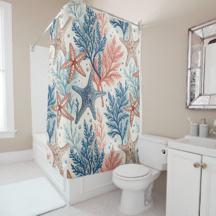 RIDEAUX DE DOUCHE ETOILE DE MER TAN BLEU CORAIL ET PLANTES AQUATIQUE