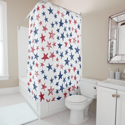Rideaux De Douche Étoiles de doodle rouge blanc et bleu (En situation)