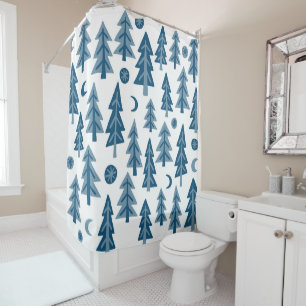 Rideaux De Douche Étoiles de la Lune de la forêt d'hiver Bleue