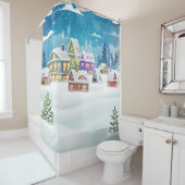 Rideaux De Douche Evening winter village landscape with snow covered (En situation)