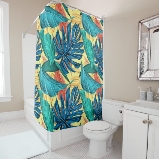 Rideaux De Douche Exotic Tropical Leaves on Lemon Yellow (En situation)