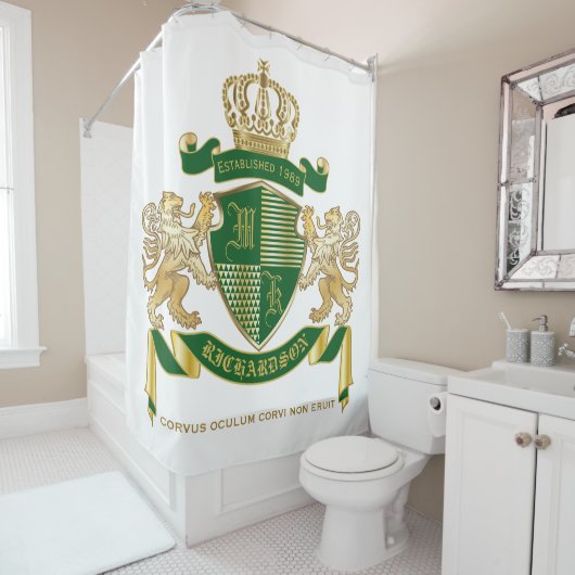 Rideaux De Douche Faites votre propre blason Green Gold Lion Emblem (En situation)