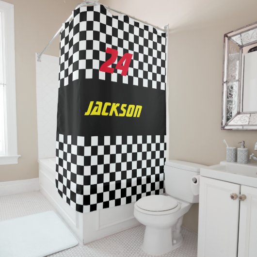 Rideaux De Douche Fans Checkered noires et blanches de course (En situation)