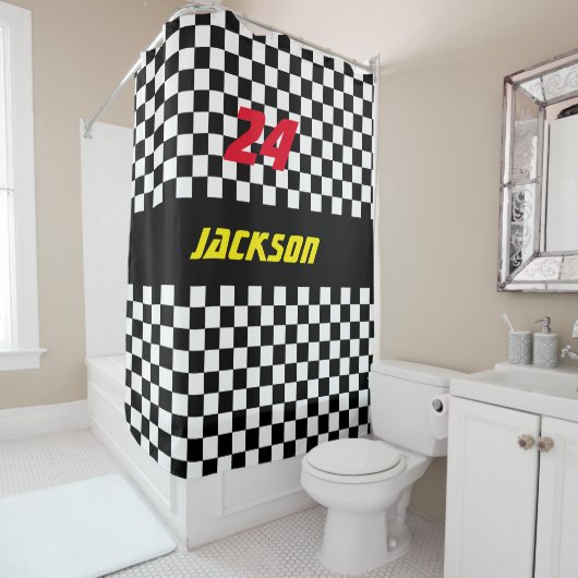 Rideaux De Douche Fans Checkered noires et blanches de course (En situation)