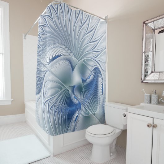 Rideaux De Douche Fantaisie dynamique Abstrait Tons bleus Art fracta (En situation)