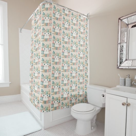 Rideaux De Douche Fausse Maison de Chat au Patchwork Pastel (En situation)