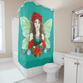 Rideaux De Douche Fée de Noël Brunette Rouge Vert Poinsettias (En situation)