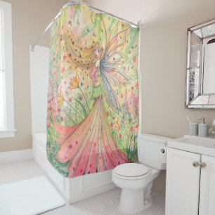 Rideaux De Douche Fée d'été rose et verte par Molly Harrison