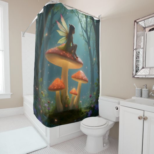 Rideaux De Douche Fée magique sur des champignons néon (En situation)