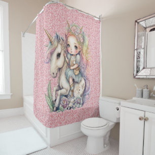 Rideaux De Douche Fée Princesse Licorne Rose Paillettes Fantaisie Fé