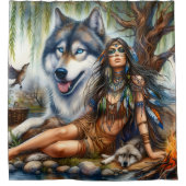 Rideaux De Douche Femme autochtone avec ses compagnons de loup (Devant)