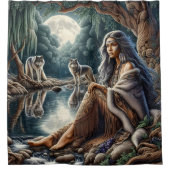 Rideaux De Douche Femme autochtone réfléchissant avec deux loups (Devant)