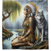 Rideaux De Douche Femme indienne calme avec loup par rivière (Devant)