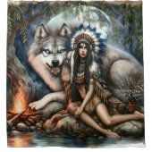 Rideaux De Douche Femme indienne et loup dans la forêt (Devant)
