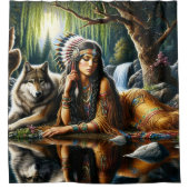 Rideaux De Douche Femme indienne fascinante avec un loup loyal (Devant)