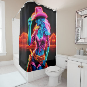 Rideaux De Douche Femme occidentale colorée avec cowboy rose art cas