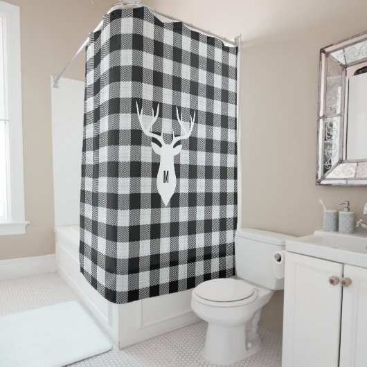Rideaux De Douche Ferme Noir Noir Blanc Buffalo Cerf Monogramme (En situation)