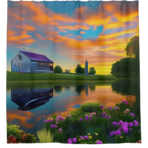 Rideaux De Douche Ferme Purple Roof Pond à Sunrise