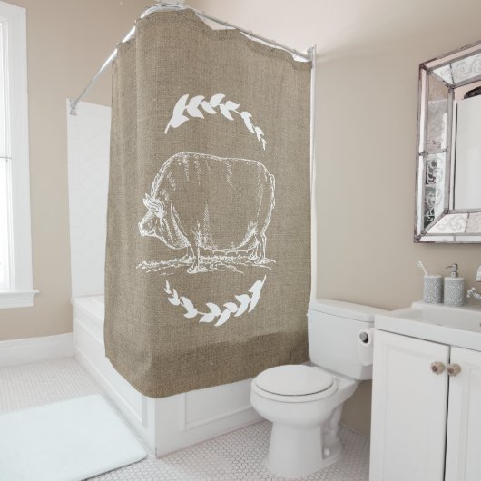 Rideaux De Douche Ferme Rustique Faux Burlap White Laurels Pig Sow (En situation)