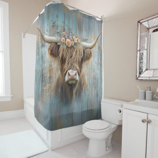 Rideaux De Douche Ferme rustique Highland Cow Floral Crown (En situation)