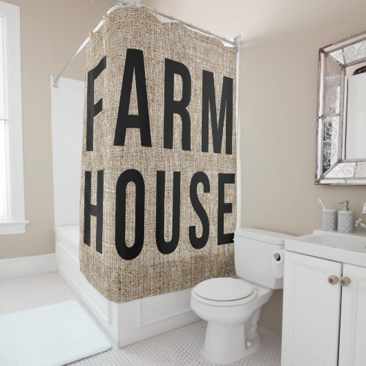 Rideaux De Douche FERMHOUSE Black Lettres Rustique Burlap Sacking (En situation)