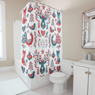 Rideaux De Douche Festif Marine Rouge Noël Art populaire scandinave
