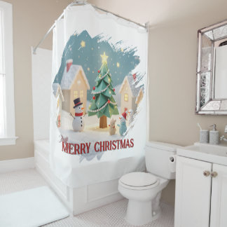 Rideaux De Douche Festive Christmas Tree and Snowmen Scene