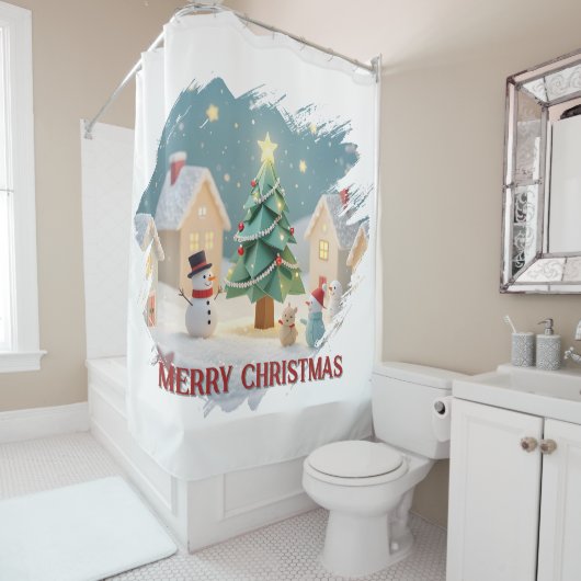 Rideaux De Douche Festive Christmas Tree and Snowmen Scene (En situation)