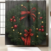 Rideaux De Douche Festive Green Wreath Red Bow Noël