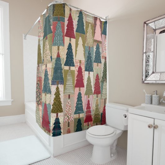 Rideaux De Douche Festive Patchwork Christmas Tree Pattern (3) (En situation)