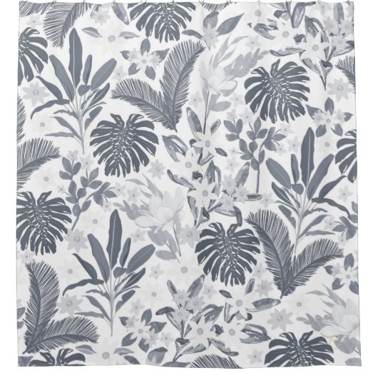 Rideaux De Douche Feuillage gris tropical Motif blanc floral (Devant)
