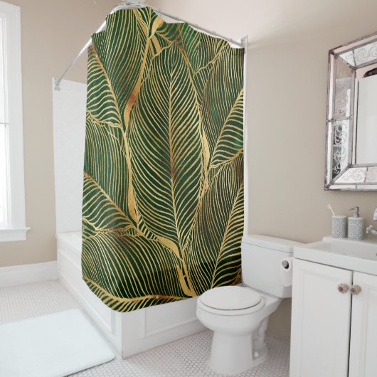 Rideaux De Douche Feuille d'or Forêt verte Élégant Motif (En situation)