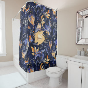 Rideaux De Douche Feuilles Abstraits Paisley bleu et or
