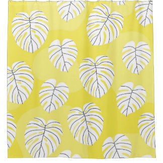 Rideaux De Douche Feuilles de Monstera, arrière - plan jaune vif.