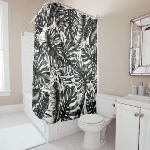 Rideaux De Douche Feuilles de palmier tropicales noir et blanc chic 