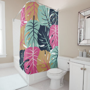 Rideaux De Douche Feuilles de Palmiers Tropicales en Rose et Bleu   