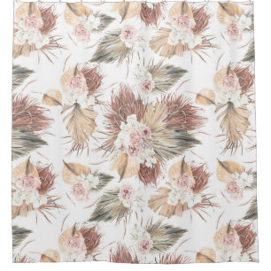 Rideaux De Douche Feuilles élégants de palmiers séchés et fleurs tro