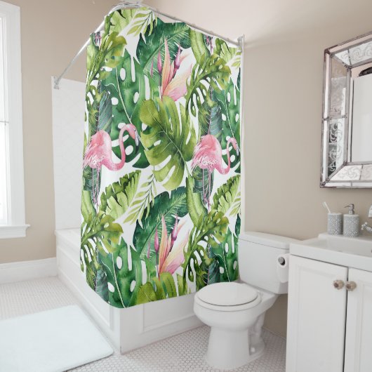 Rideaux De Douche Feuilles et Flamants roses tropicaux (En situation)